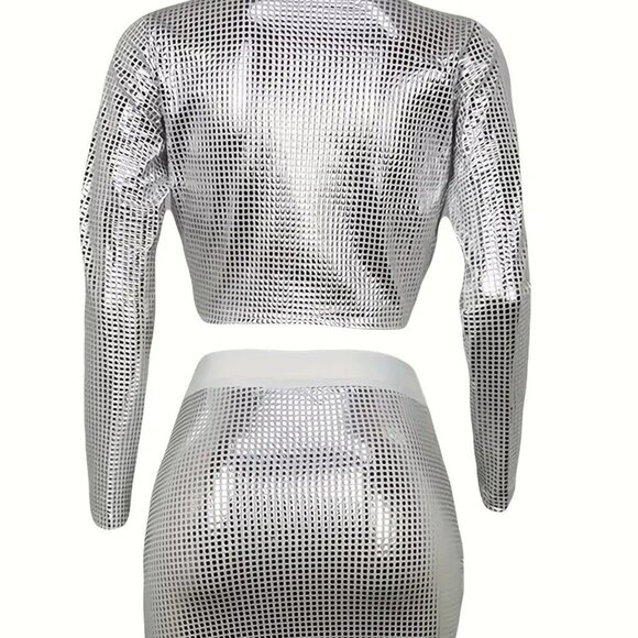Two-piece Set Crop Top & Mini Skirt (Color: Silvery) - Picture 5 of 7